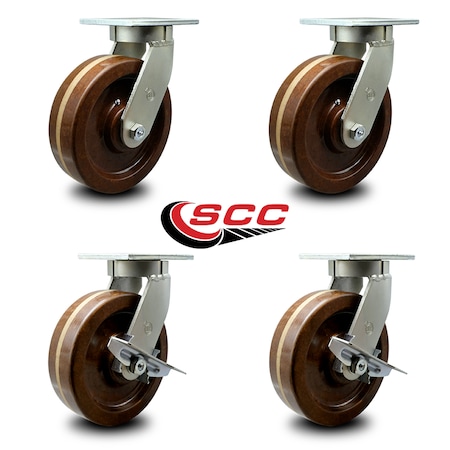 12 Inch Heavy Duty High Temp Phenolic Swivel Caster Set With 2 Brakes, 4PK